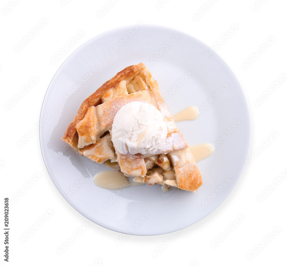 Plate with piece of tasty apple pie and ice-cream on white background