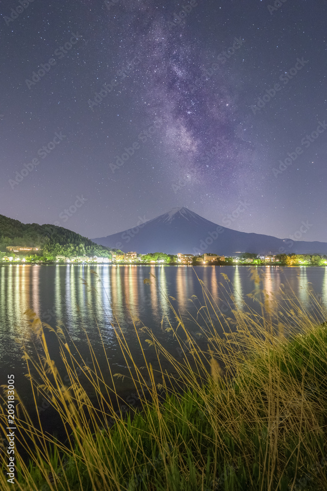 春季川口湖富士山和Milkyway