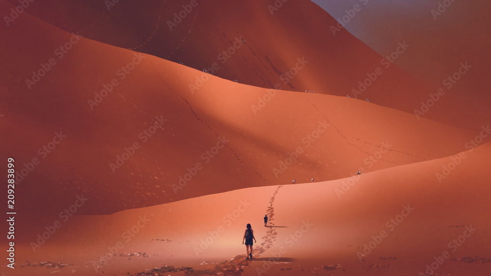 徒步旅行者在红色沙漠中爬上沙丘，数字艺术风格，插图绘画