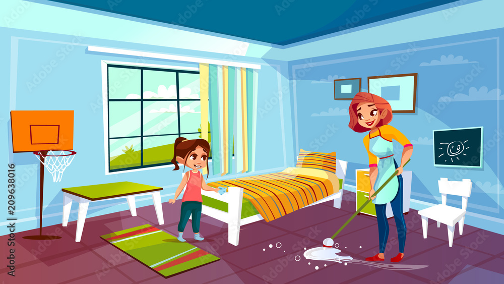 母亲和女儿打扫房间的矢量插图，妇女和女孩一起帮助拖地或wi.