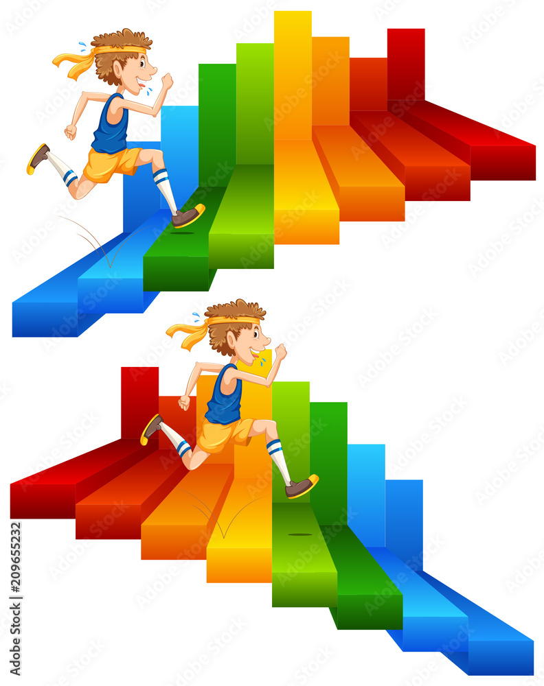 一个男人在彩色楼梯上奔跑