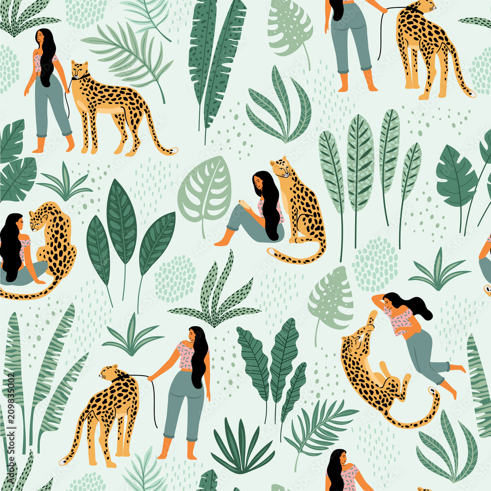 女性、豹子和热带树叶的矢量无缝图案。