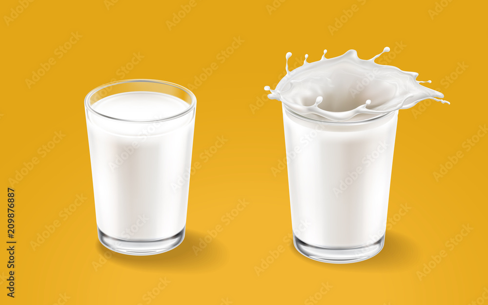 牛奶和透明杯元件隔离在温暖的背景上。液体溅在玻璃杯中。牛奶倒