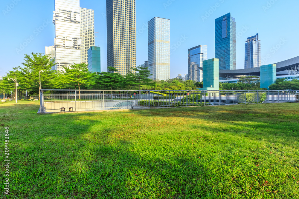 深圳的绿草和现代城市天际线风景