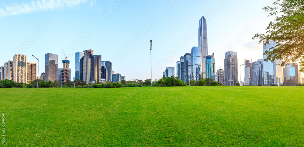 深圳的绿草与现代城市天际线风光