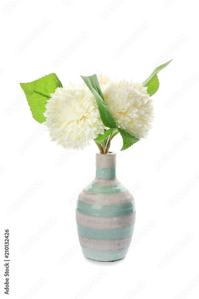 白色背景上盛开着美丽花朵的花瓶
