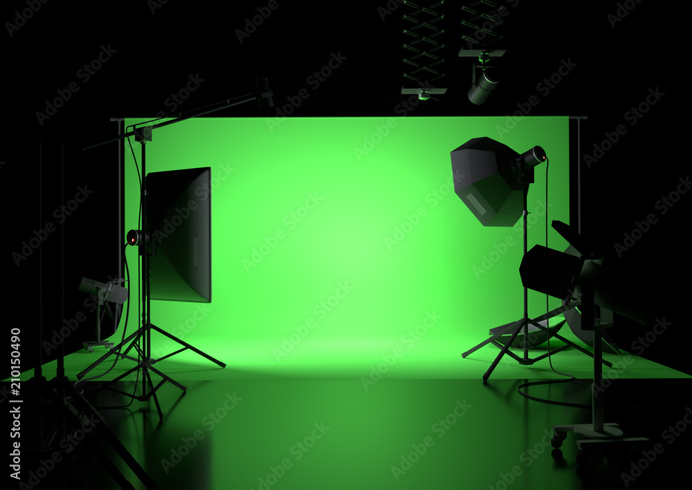 带照明的绿色屏幕摄影工作室背景。3D插图