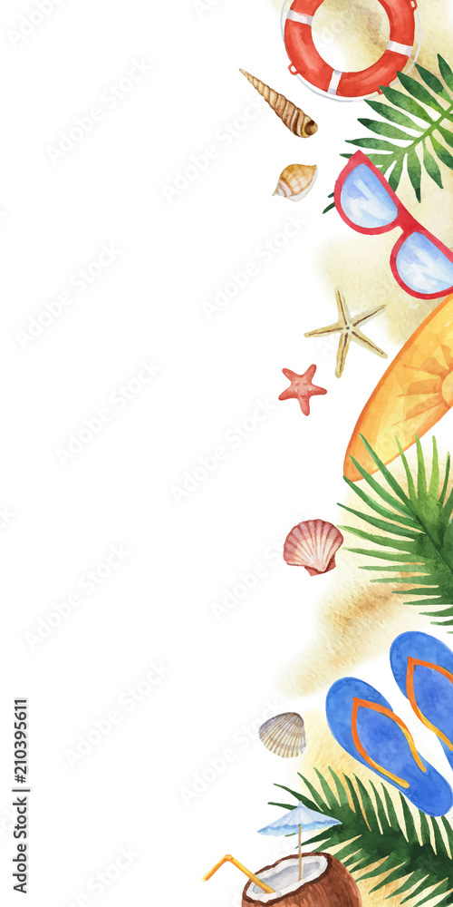 水彩矢量彩色贝壳、海滩元素和热带树叶隔离在白色背景上