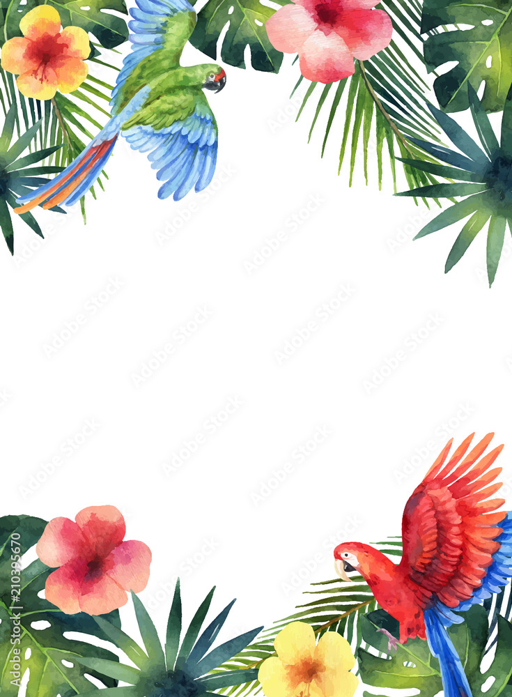 白色背景上有红色鹦鹉、热带树叶和花朵的水彩矢量卡。