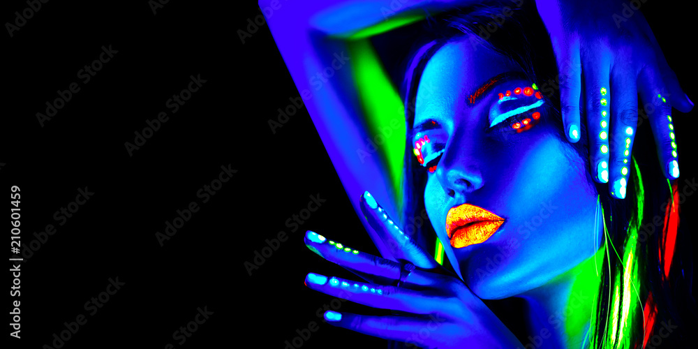 Fashion model woman in neon light, portrait of beautiful model girl with fluorescent makeup, Body ar