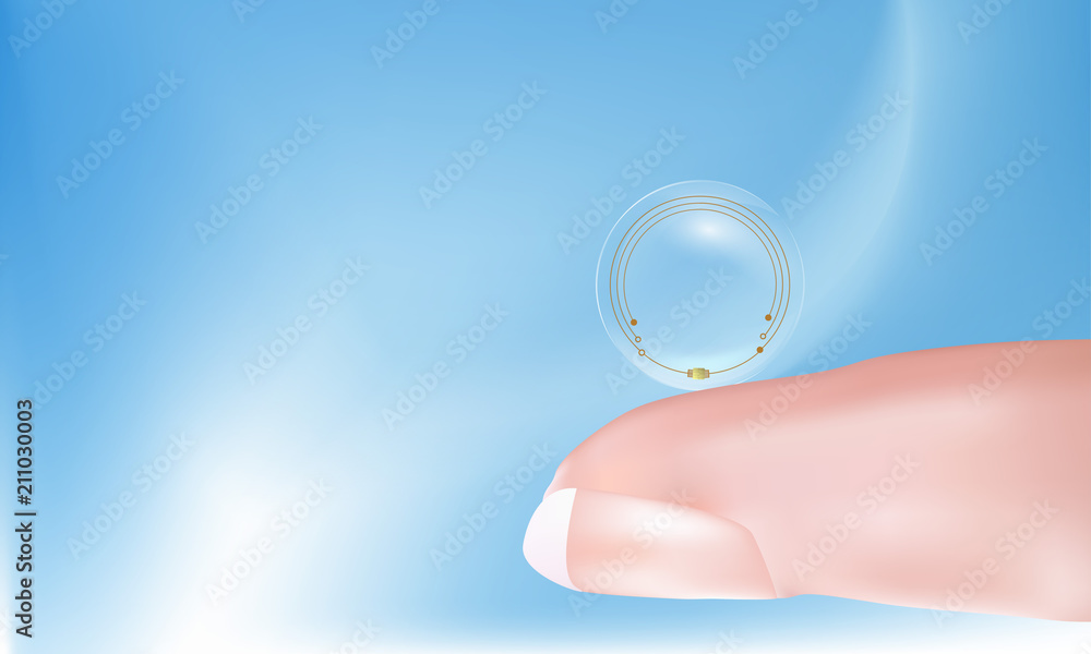 Finger holding a contact lens with high-tech chips. Technology of the future