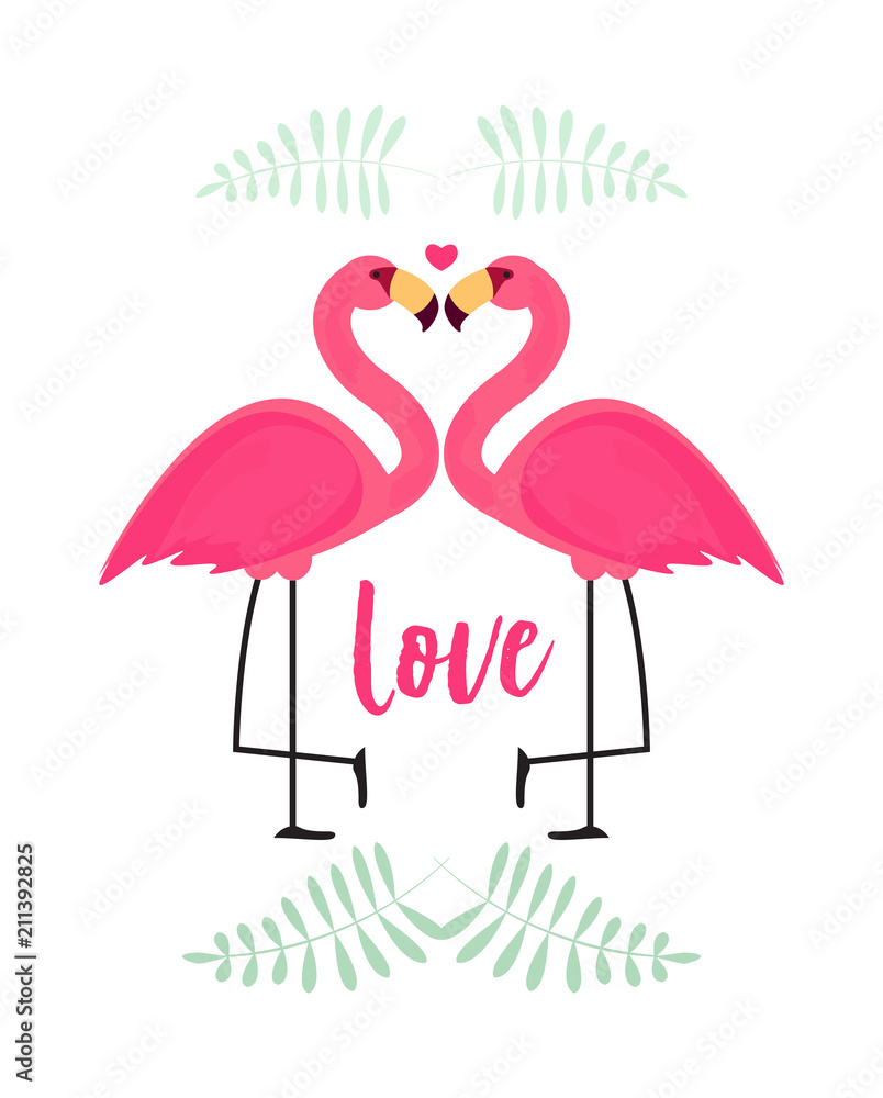 可爱的粉红色火烈鸟在爱情背景矢量插图