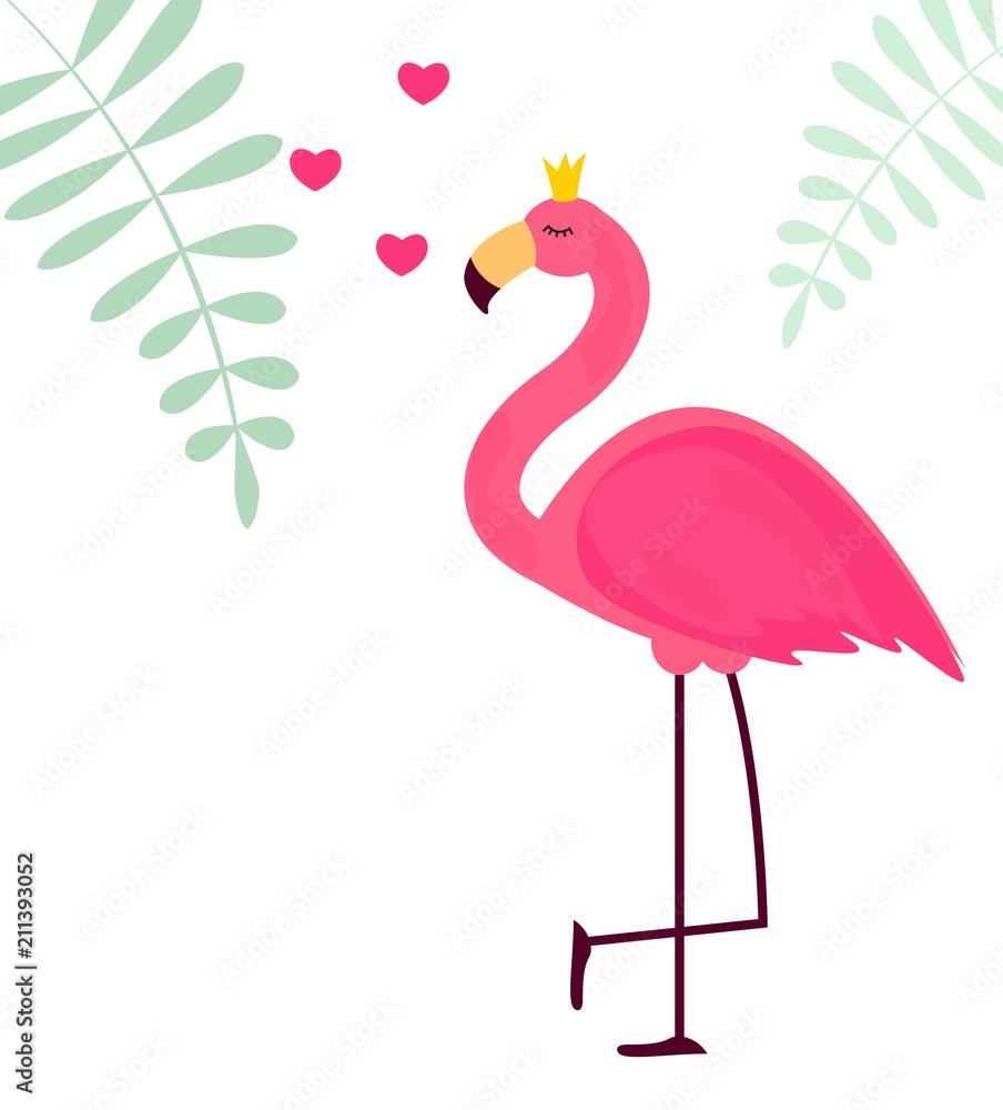 可爱的小公主抽象背景与粉色火烈鸟矢量插图