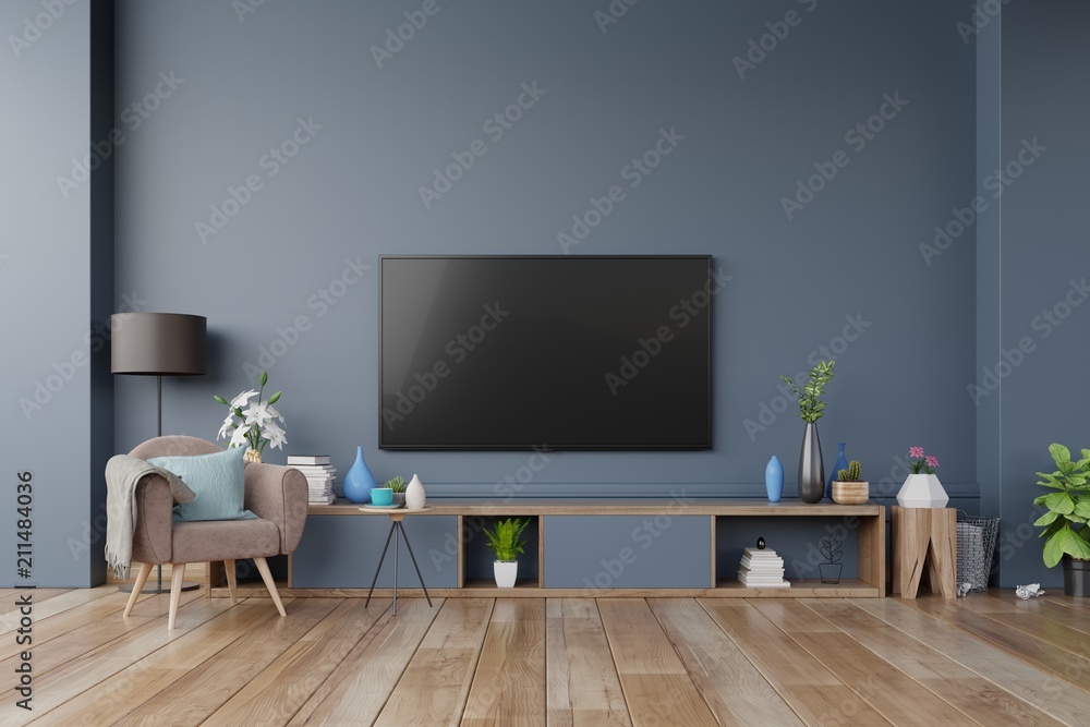 现代客厅橱柜上的电视，深色墙背景扶手椅，3d渲染