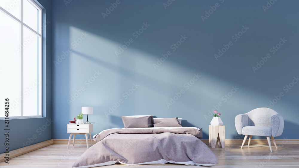 卧室，空蓝色深色背景，带扶手椅、枕头和花瓶里的植物，3D渲染
