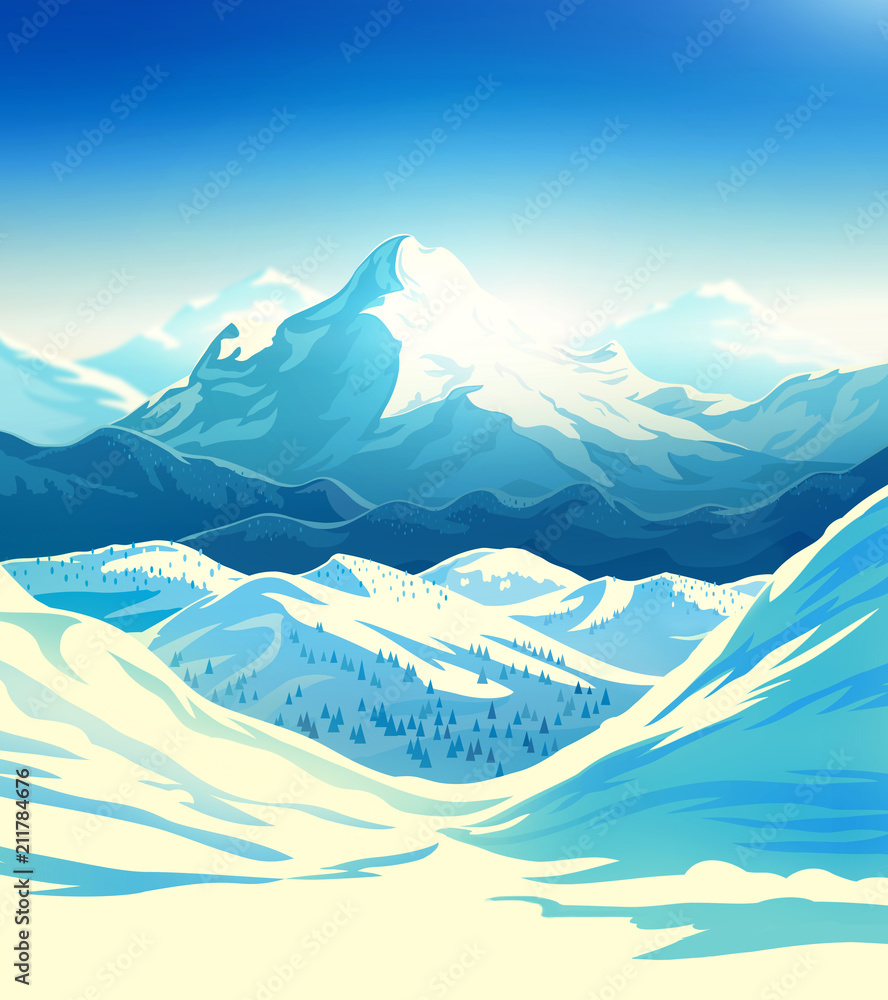 冬季山脉景观，边缘有陡峭的斜坡。光栅插图。