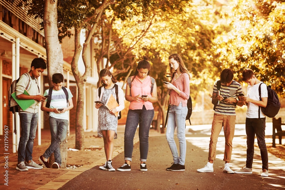 学生在校园道路上使用手机
