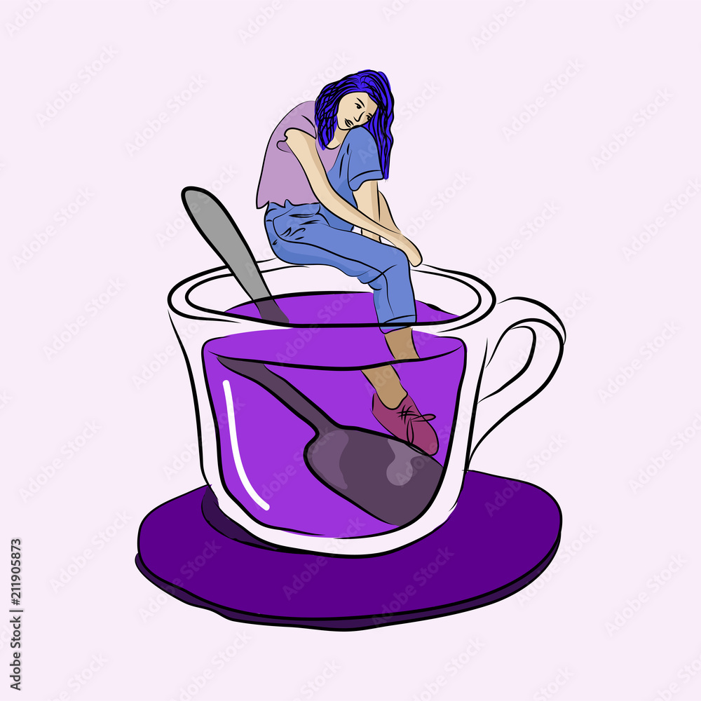 茶杯里的女孩时髦的图形插图