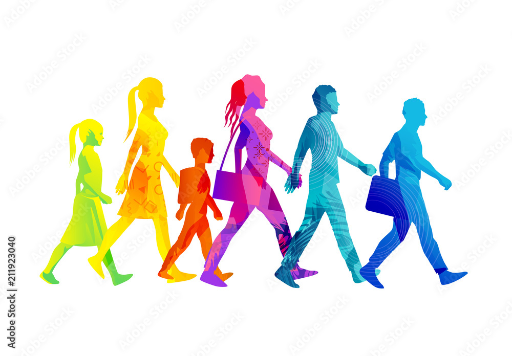 一系列行走的人的剪影，包括儿童、女性和男性。彩色纹理vecto