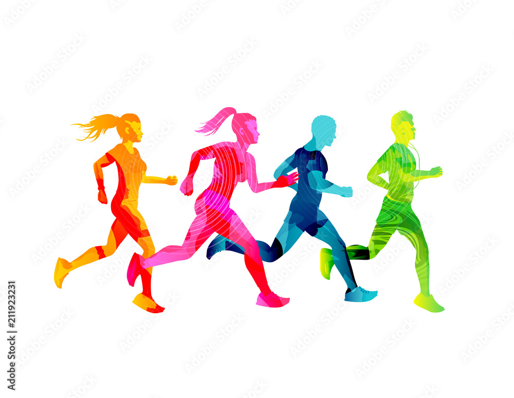 一群跑步的男女保持健康。彩色纹理的人的剪影。矢量插图
