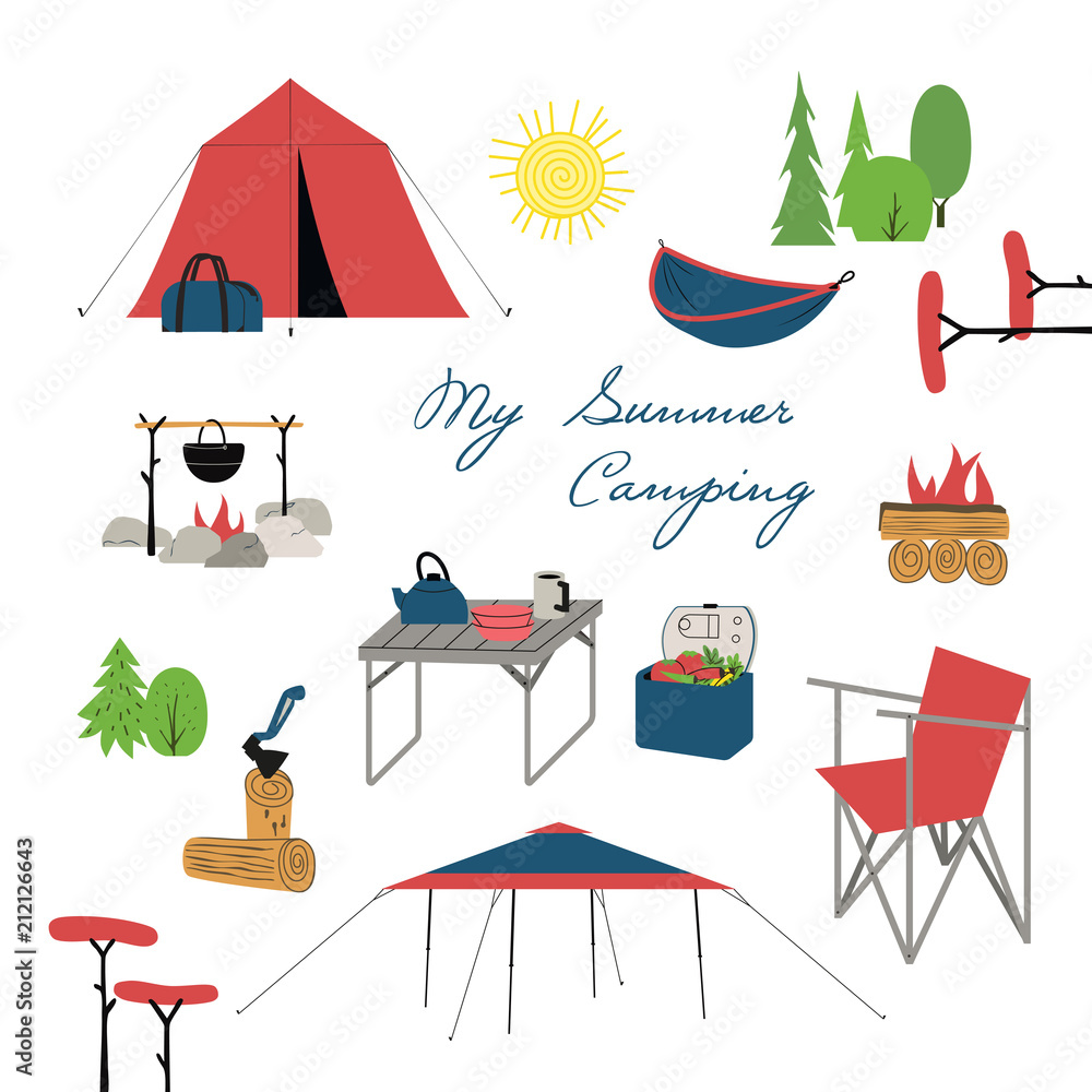 夏季露营图标集。旅游营地设备卡通标志。自然休闲活动元素