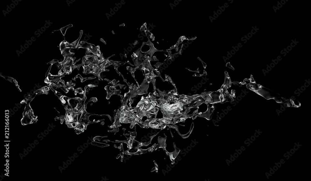 Water splash isolated on black background , 3D rendering .