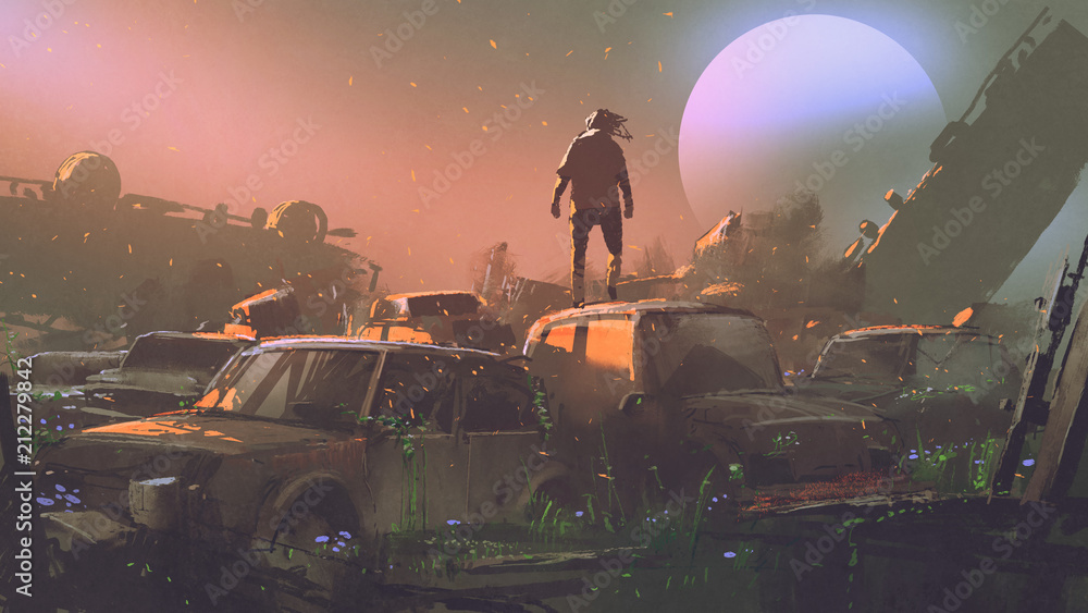日落时分，一名男子站在汽车墓地废弃汽车的车顶上，数字艺术风格，插图