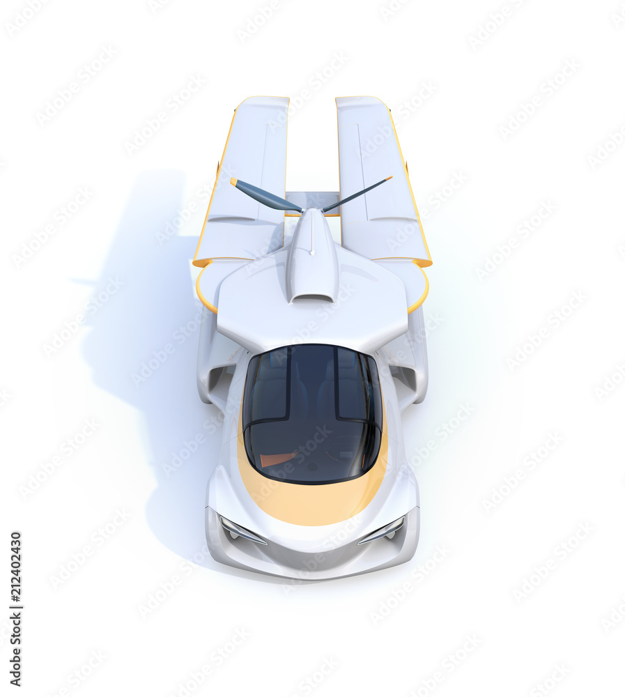 Front view of futuristic autonomous car isolated on white background. The wings turned to rear side 