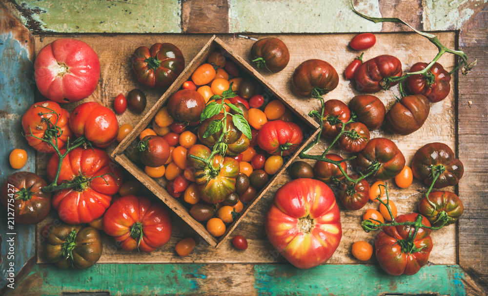 新鲜多彩、成熟的秋季或夏季传家宝、托盘上的一串樱桃番茄