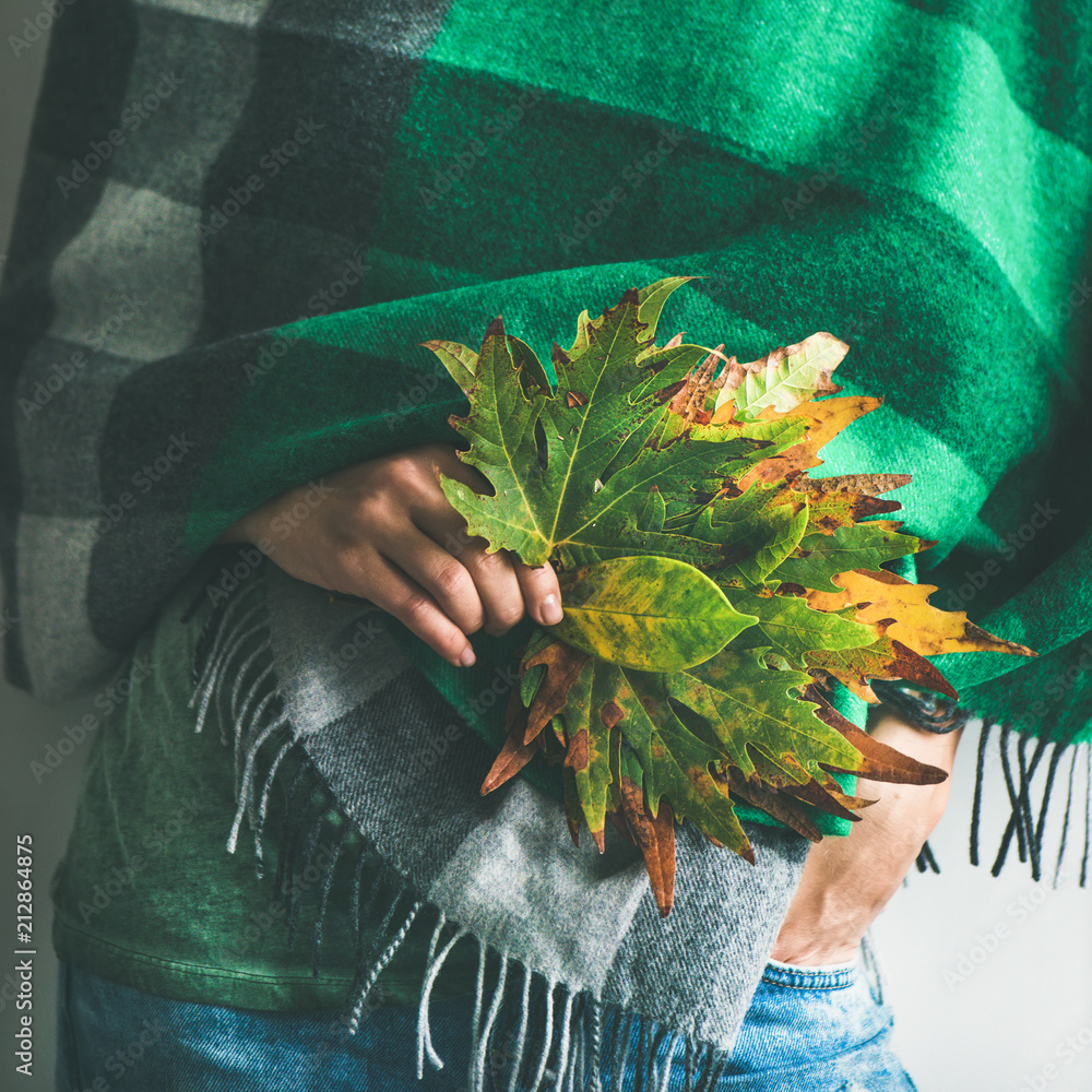 穿着温暖的羊毛绿色格子围巾或毯子和蓝色牛仔裤的女人，手里拿着秋天的落叶
