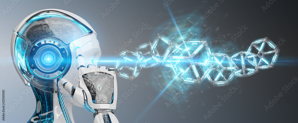 White robot creating future technology structure 3D rendering
