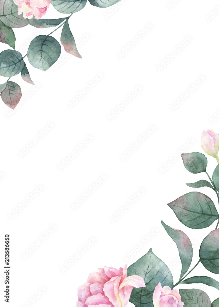 牡丹花绿叶水彩矢量手绘名片