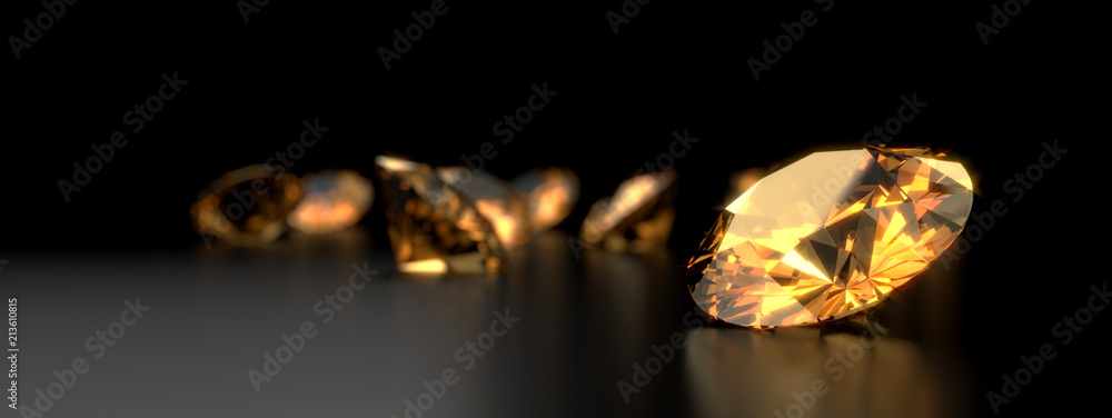 圆形钻石黄玉宝石反射放置在深色反射背景上。3d