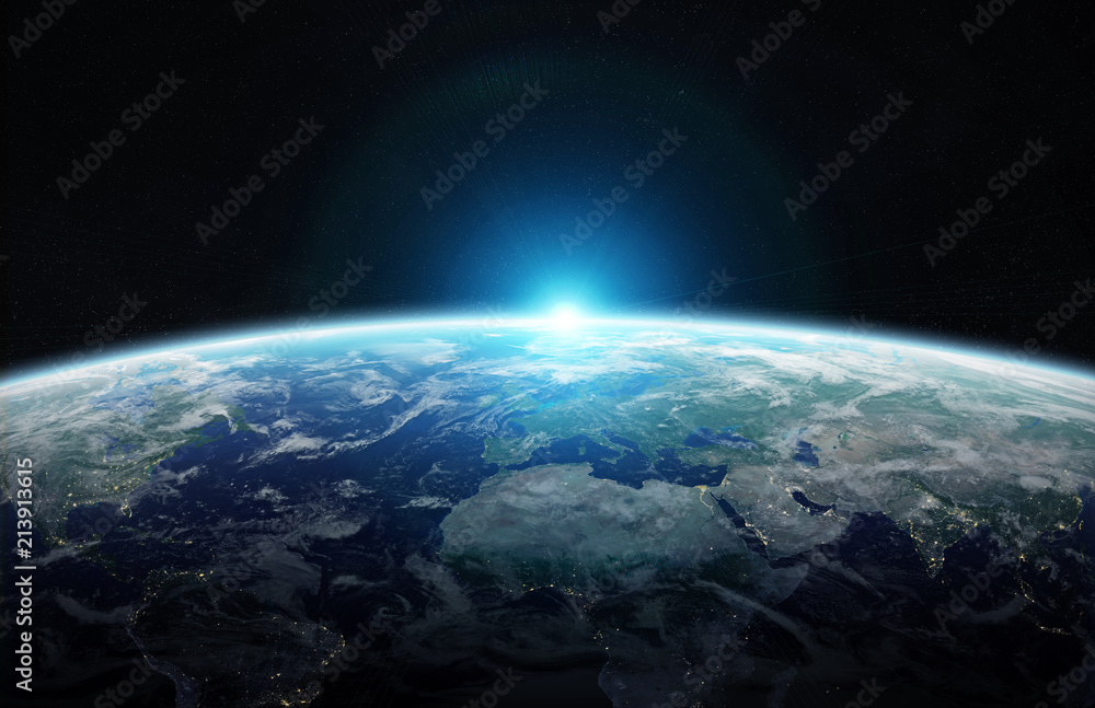 太空中蓝色星球地球的视图，这张图片的3D渲染元素由NASA提供