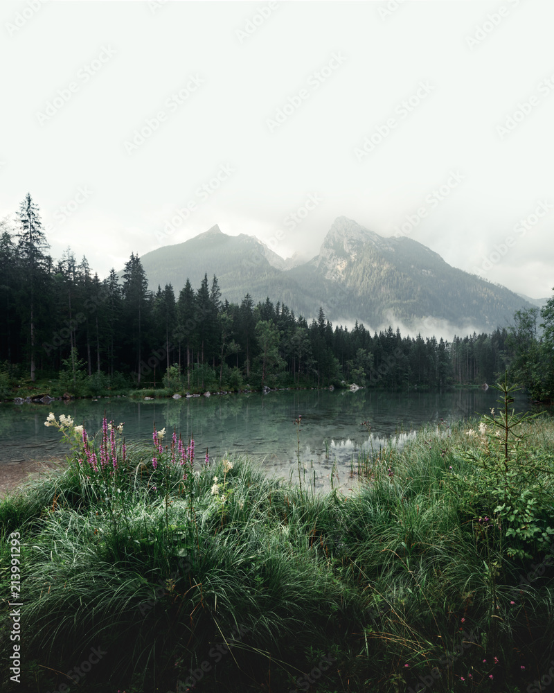 Amazing misty summer day on the Hintersee lake in Austrian Alps, Europe. Landscape photography