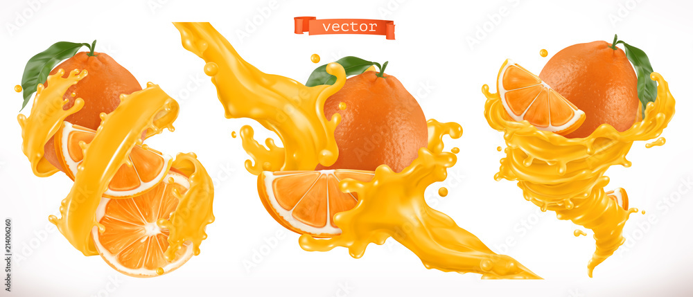 橙汁。新鲜水果三维逼真矢量图标