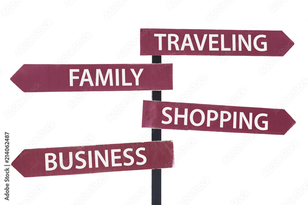 选择、家庭、旅行、购物、商业的概念，张贴在白色背景上