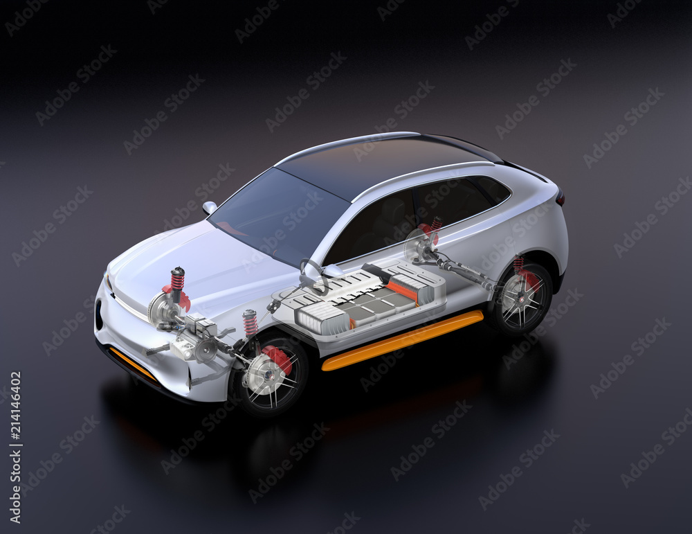 带悬架、转向系统和电池组的电动SUV汽车的透视图