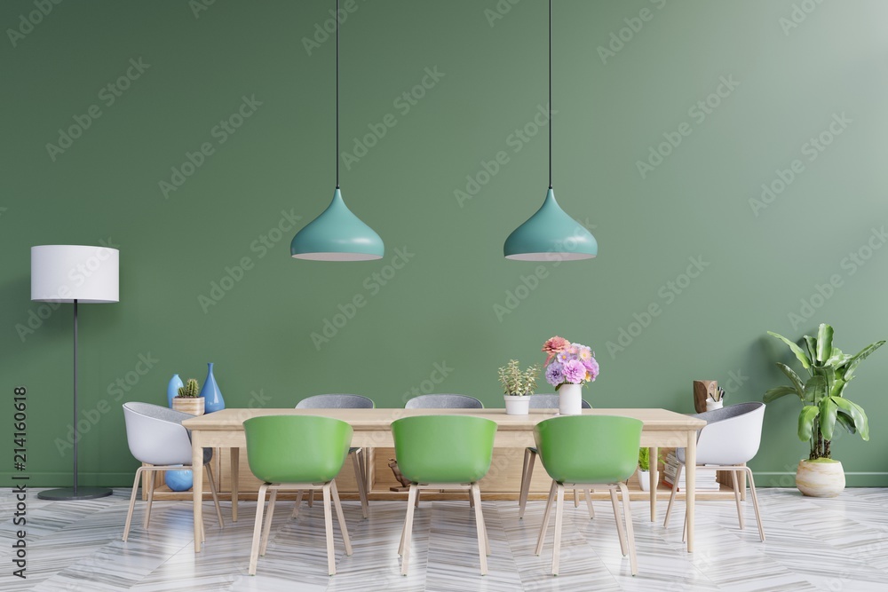 明亮的餐厅和极简主义的客厅，3D渲染