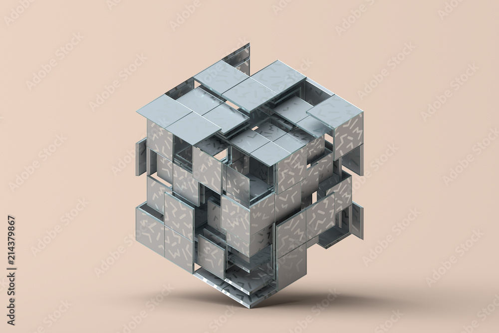 抽象的几何形状三维渲染。正方形构图。立方体设计。现代背景