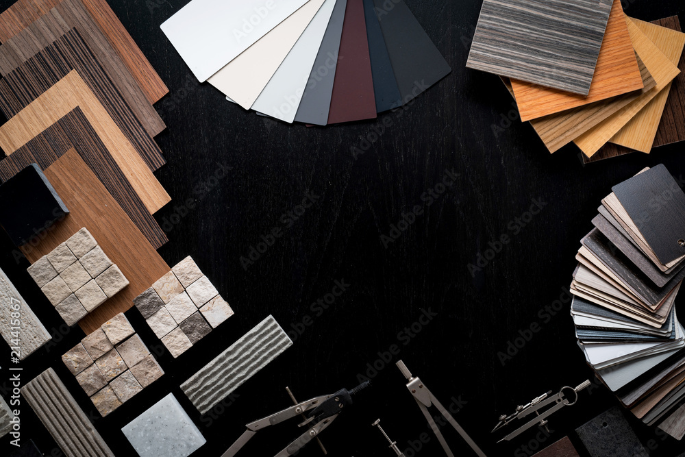 创意房屋设计理念概念与材料样品venner木材石材样品在黑色木材上