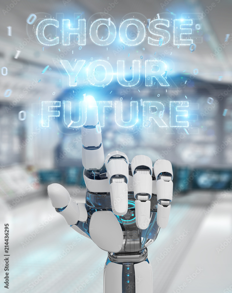 使用未来决策文本界面的白色机器人手3D渲染