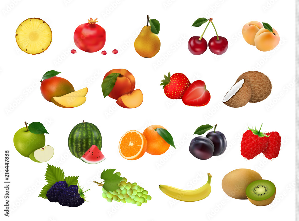 一套18个新鲜水果，白色背景，没有阴影。逼真风格。矢量插图。