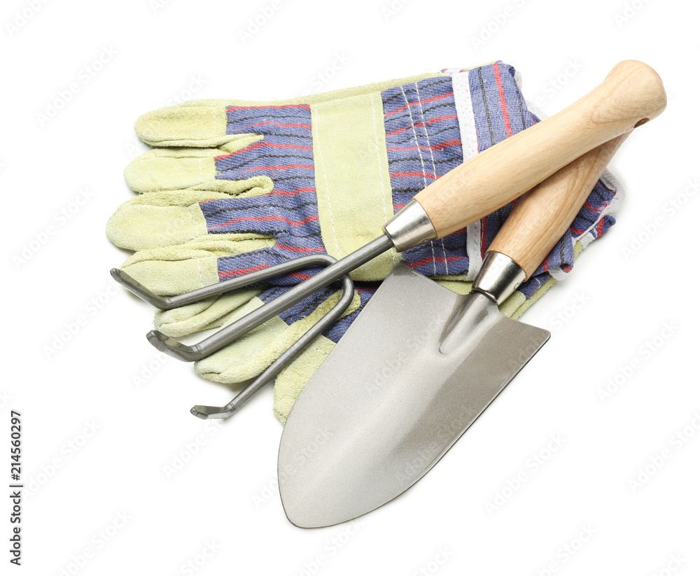 白底带手套的园艺工具