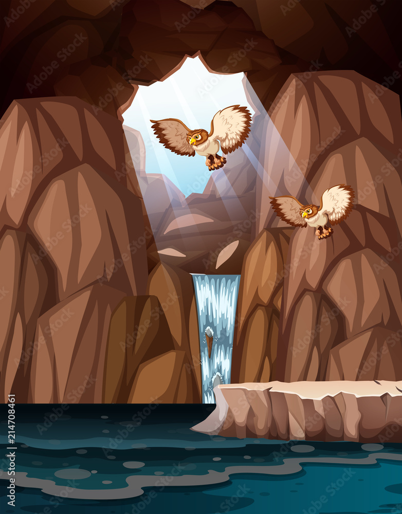 Cave with waterfalls and owls
