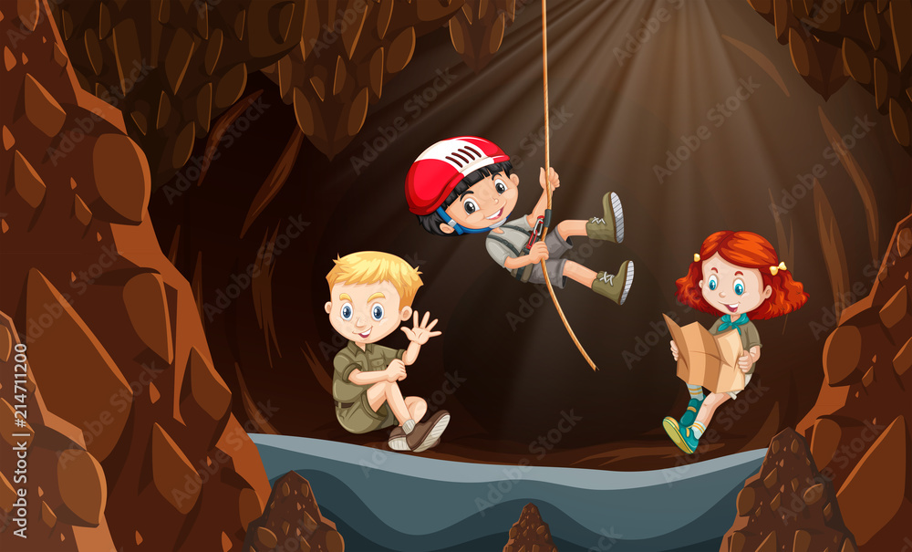 孩子们探索洞穴