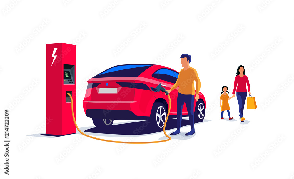 红色电动suv家用汽车在充电站充电。父亲拿着电缆，母亲机智