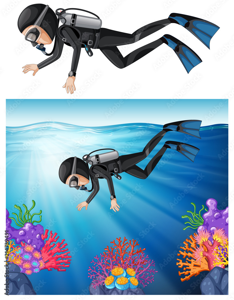 在暗礁中游泳的水肺潜水员