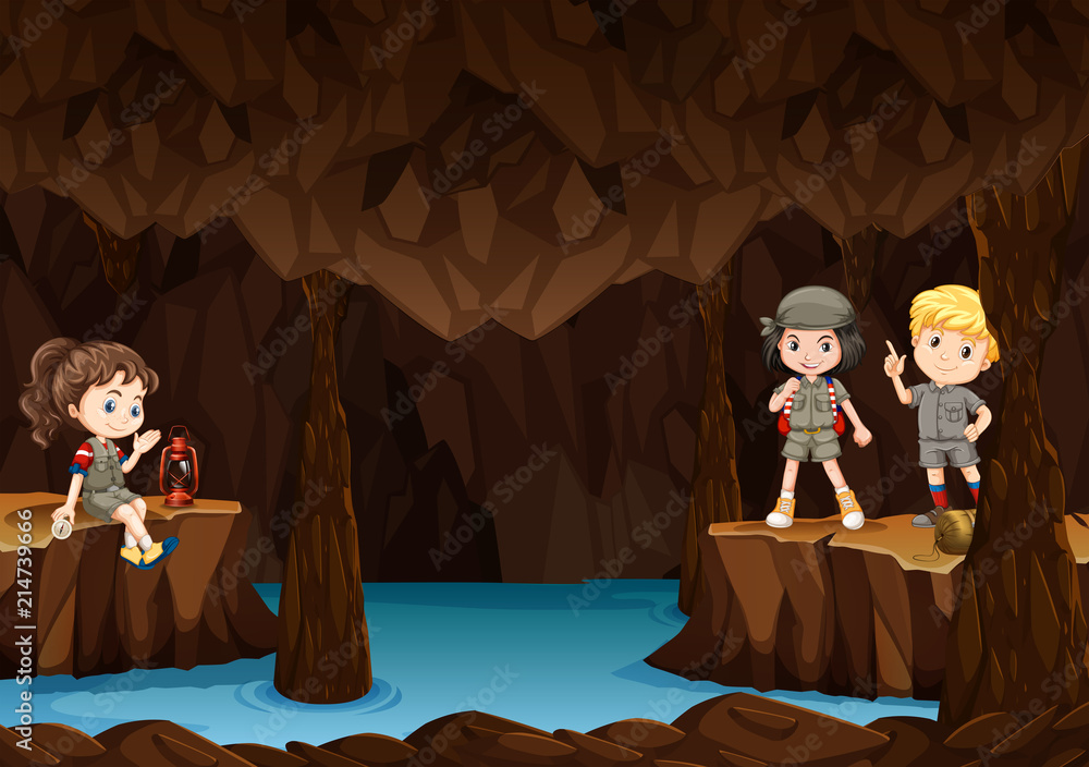 Children exploring the cave