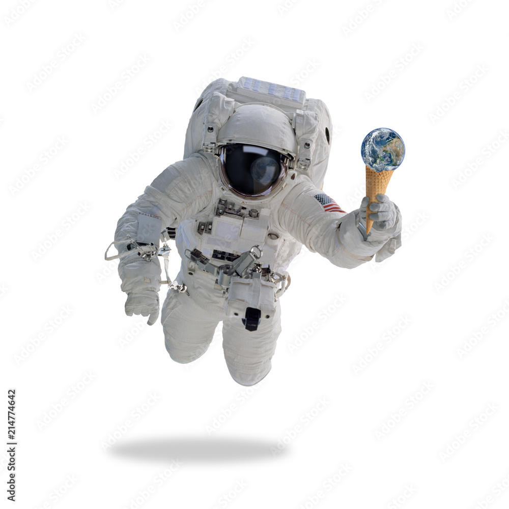 宇航员在外太空与冰淇淋锥地球。极简艺术。这张图片的元素由提供